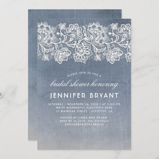 ヴィンテージレースダスティブルーブライダルシャワー 招待状 (正面/裏面)