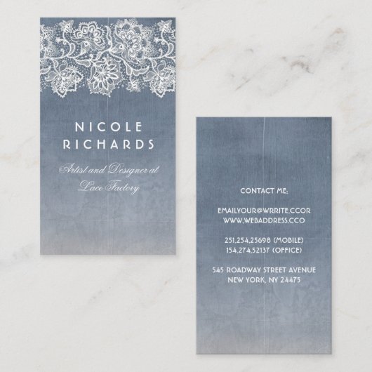 ヴィンテージレースダスティーまたは石板ブルーエレガント 名刺 (正面/裏面)