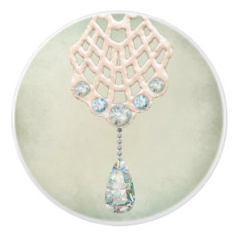 ヴィンテージレースティール（緑がかった色）ラインストーンペンダントビクトリアン セラミックノブ