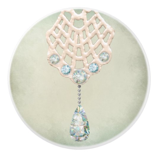 ヴィンテージレースティール（緑がかった色）ラインストーンペンダントビクトリアン セラミックノブ (正面)