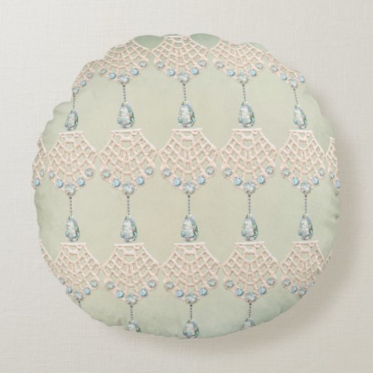 ヴィンテージレースティール（緑がかった色）ラインビクトリアンストンクリーム ラウンドクッション (正面)