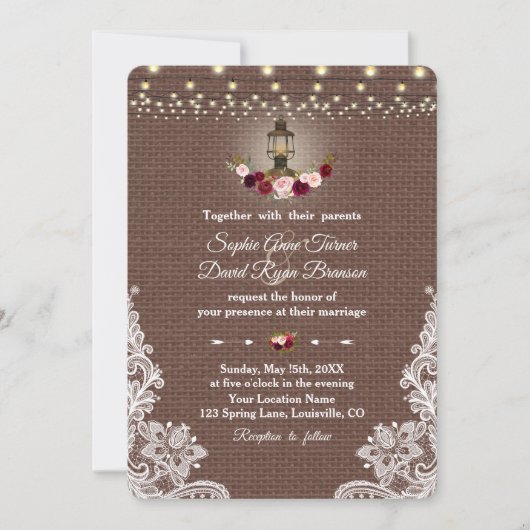 ヴィンテージレースバーラップランタンストリングラ結婚イト 招待状 (正面)