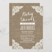 ヴィンテージレースバーラップ素朴ベビーシャワー 招待状 (正面/裏面)