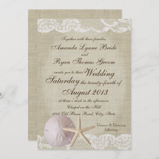 ヴィンテージレースビーチ結婚式 招待状 (正面/裏面)