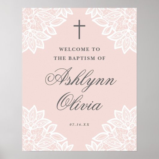 ヴィンテージレースピンクバプテスマ歓迎サイン ポスター (正面)