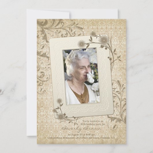 ヴィンテージレースフローラ写真80番目の誕生日招待状 招待状 (正面)