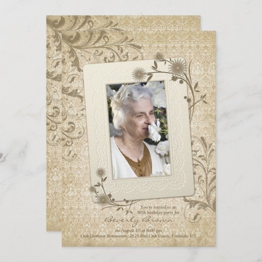 ヴィンテージレースフローラ写真80番目の誕生日招待状 招待状 (正面/裏面)