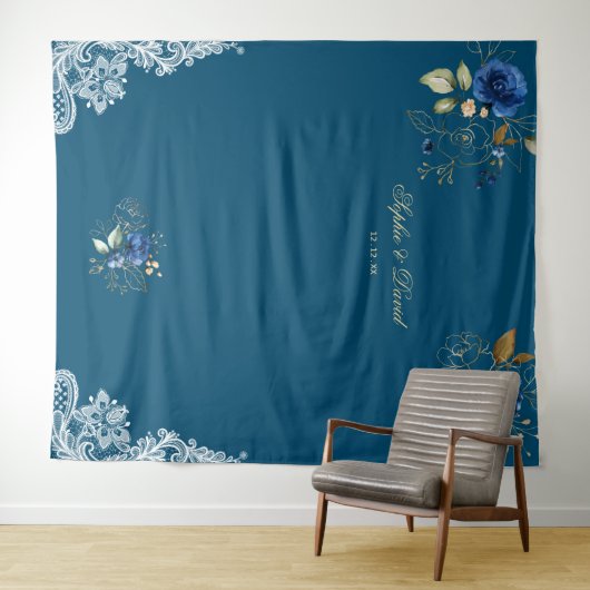 ヴィンテージレースブルーフローラ結婚金ゴールドの支柱 タペストリー (インサイチュ(横))