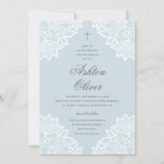 ヴィンテージレースブルー宗教洗礼&《キリスト教》洗礼式や命名式 招待状 (正面)