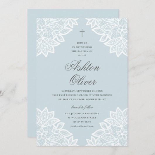 ヴィンテージレースブルー宗教洗礼&《キリスト教》洗礼式や命名式 招待状 (正面/裏面)