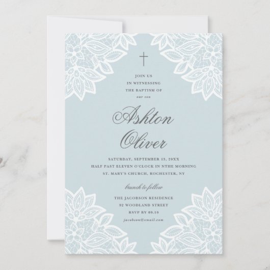 ヴィンテージレースブルー宗教洗礼&《キリスト教》洗礼式や命名式 案内状 (正面)