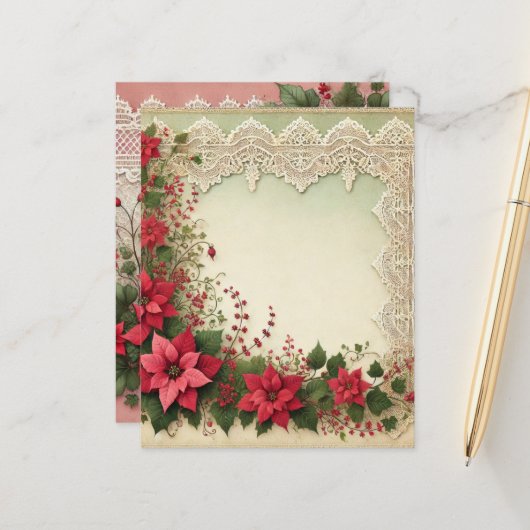 ヴィンテージレースポインセティアフレームスクラップブック紙 (正面/裏面インサイチュ)