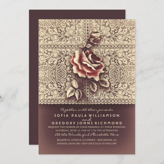 ヴィンテージレースマルサラバラ結婚式招待状 招待状 (正面/裏面)