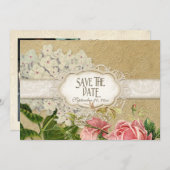 ヴィンテージレースモダンティーステンドアジサイnバラ セーブザデート (正面/裏面)