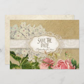 ヴィンテージレースモダンティーステンドアジサイnバラ セーブザデート (正面/裏面)