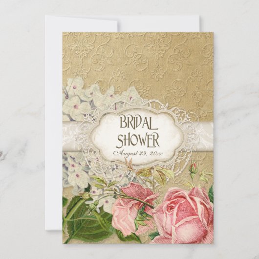 ヴィンテージレースモダンティーステンドアジサイnバラ 招待状 (正面)