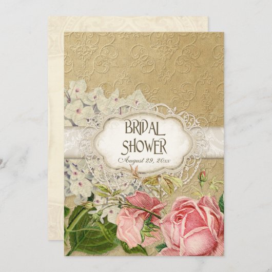 ヴィンテージレースモダンティーステンドアジサイnバラ 招待状 (正面/裏面)