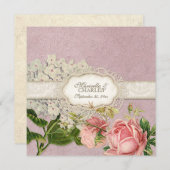 ヴィンテージレースモダンティーステンドアジサイnバラ 招待状 (正面/裏面)