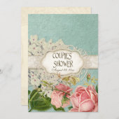 ヴィンテージレースモダンティーステンドアジサイnバラ 招待状 (正面/裏面)