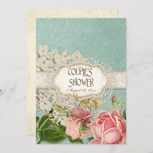 ヴィンテージレースモダンティーステンドアジサイnバラ 招待状 (正面/裏面)