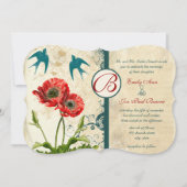 ヴィンテージレースラブバードダマスクレッドポピー結婚ズ 招待状 (正面)