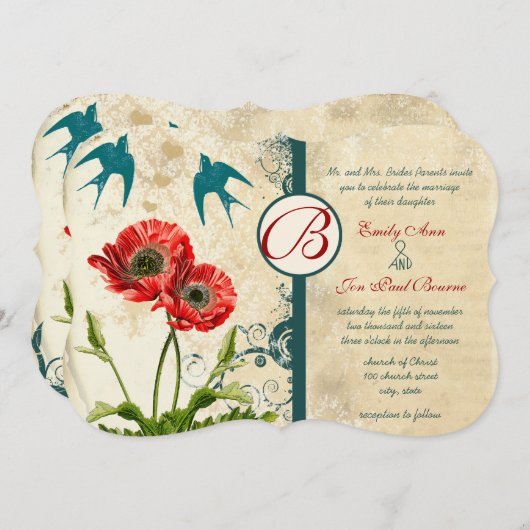 ヴィンテージレースラブバードダマスクレッドポピー結婚ズ 招待状 (正面/裏面)