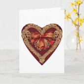 ヴィンテージレースレッドバレンタインデーハートカード カード (黄色い花)