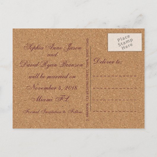 ヴィンテージレースワインコルクウェディング日付を保存 案内ポストカード (裏面)