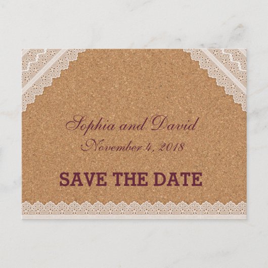 ヴィンテージレースワインコルクウェディング日付を保存 案内ポストカード (正面)