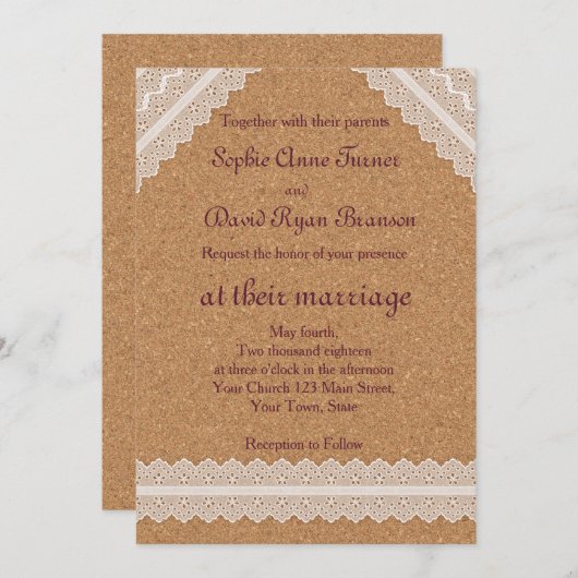 ヴィンテージレースワインコルク結婚式招待状 招待状 (正面/裏面)