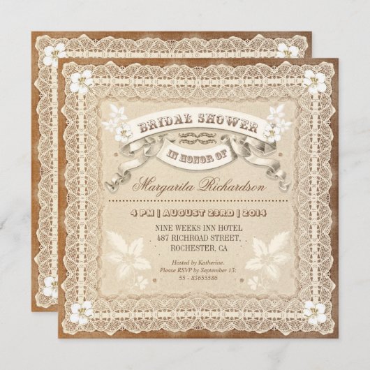 ヴィンテージレース印刷ブライダルシャワー招待状 招待状 (正面/裏面)
