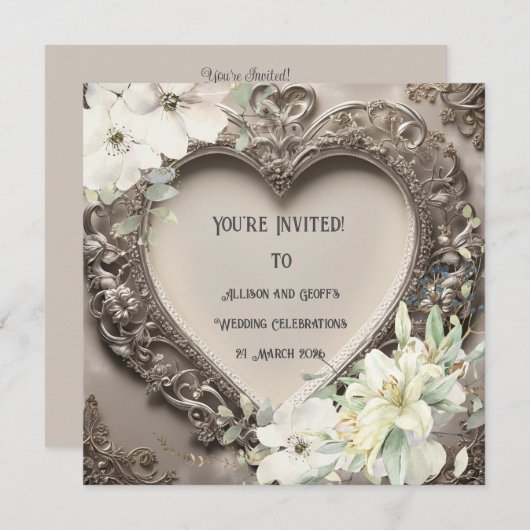 ヴィンテージレース及びシルバーハート結婚ズ 招待状 (正面/裏面)