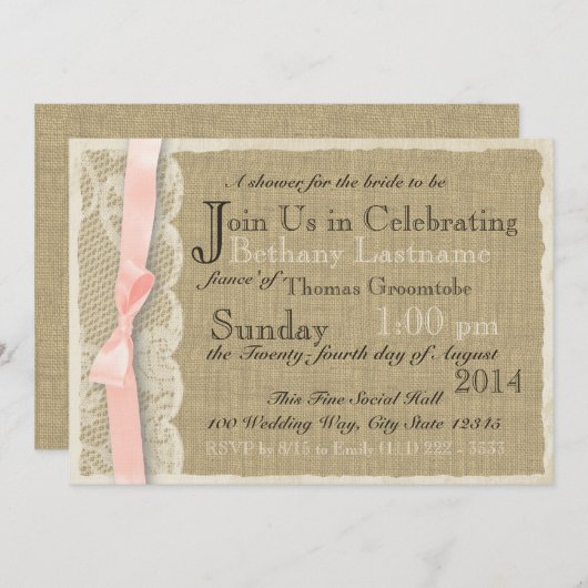 ヴィンテージレース及び赤面ボウブライダルシャワー 招待状 (正面/裏面)