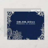 ヴィンテージレース海軍のブルーウェディングは日付を保存 案内ポストカード (正面/裏面)