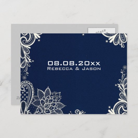 ヴィンテージレース海軍のブルーウェディングは日付を保存 案内ポストカード (正面/裏面)