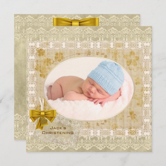 ヴィンテージレース男の赤ちゃんフォトバプテスマ《キリスト教》洗礼式や命名式 招待状 (正面/裏面)
