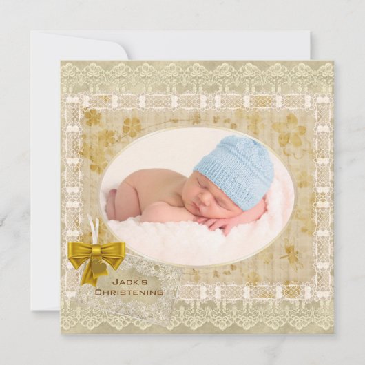 ヴィンテージレース男の赤ちゃんフォトバプテスマ《キリスト教》洗礼式や命名式 招待状 (正面)
