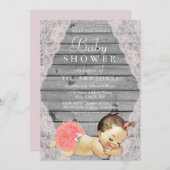 ヴィンテージレース素朴ウッドガールベビーシャワー招待状 招待状 (正面/裏面)