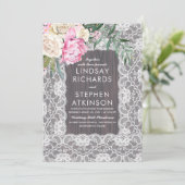 ヴィンテージレース素朴ウッドピンククリームフローラ結婚ズ 招待状 (スタンド正面)