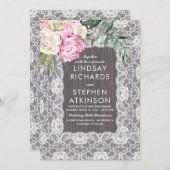 ヴィンテージレース素朴ウッドピンククリームフローラ結婚ズ 招待状 (正面/裏面)