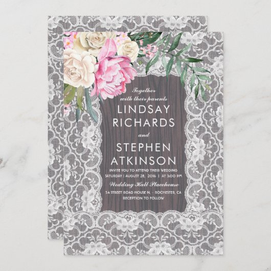 ヴィンテージレース素朴ウッドピンククリームフローラ結婚ズ 招待状 (正面/裏面)