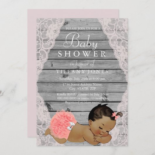 ヴィンテージレース素朴エスニックガールベビーシャワー招待状 招待状 (正面/裏面)