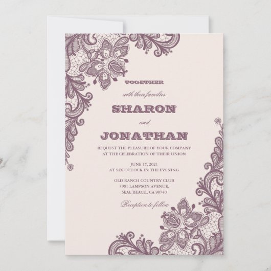 ヴィンテージレース赤面ピンク&マウヴ素朴ズ結婚 招待状 (正面)