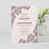 ヴィンテージレース赤面ピンク&マウヴ素朴ズ結婚 招待状 (スタンド正面)