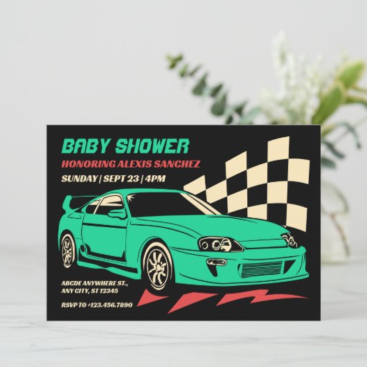 ヴィンテージレース車のベビーシャワー 招待状 (スタンド正面)