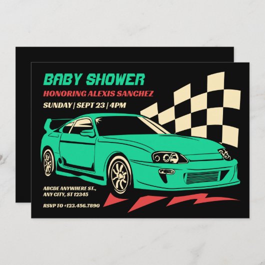 ヴィンテージレース車のベビーシャワー 招待状 (正面/裏面)