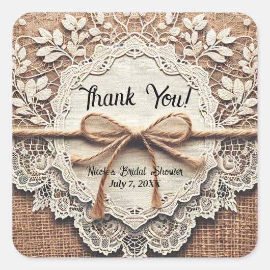ヴィンテージレース&バーラストウェイン素朴ブライダルシャワー スクエアシール (正面)