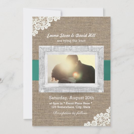 ヴィンテージレース&バーラップカスタムフォトズ結婚ス 招待状 (正面)