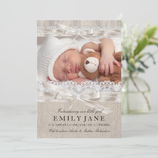 ヴィンテージレース&ボウ素朴フォト誕生のお知らせ 案内状 (スタンド正面)