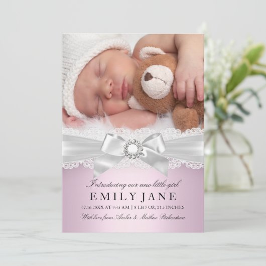 ヴィンテージレース&ボーピンク写真誕生のお知らせ 案内状 (スタンド正面)